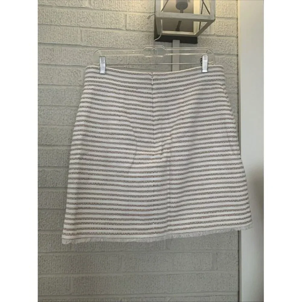 Ann Taylor Cotton Skirt Ivory Tan Stripe Tweed Sz 8 Faux Wrap Lined Fringe NWOT